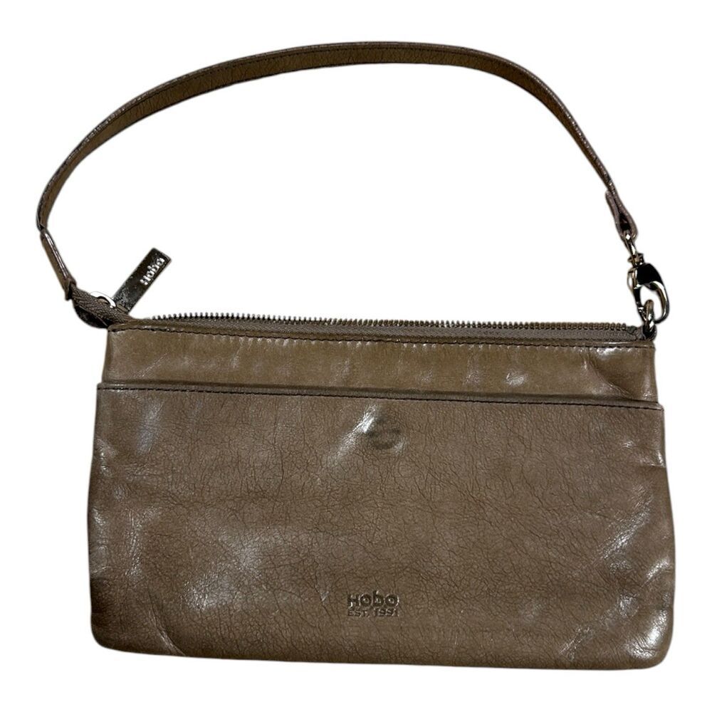 Hobo International Leather Clutch Wristlet Olive Taupe GUC 8.25x5 Silver Zip
